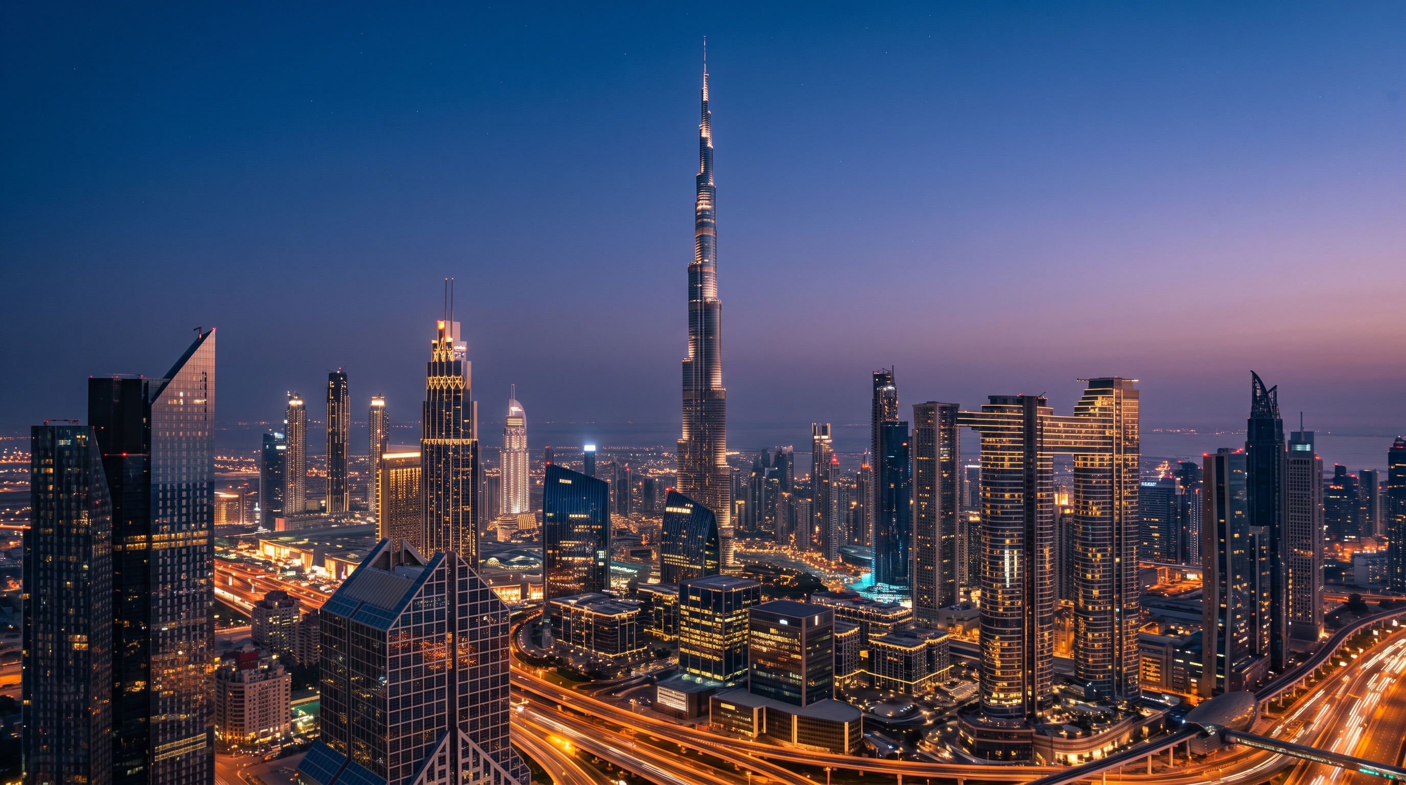 Brand-grade WebGL composition against a Dubai skyline